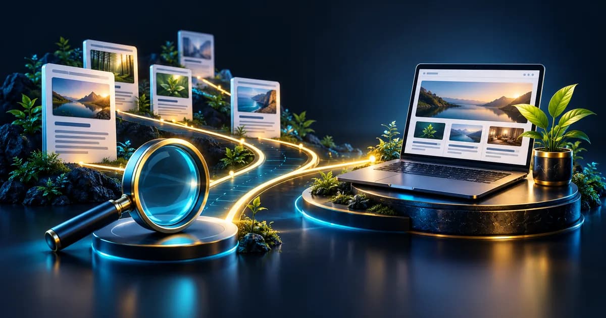 Article cards and search pathways leading to a business website.